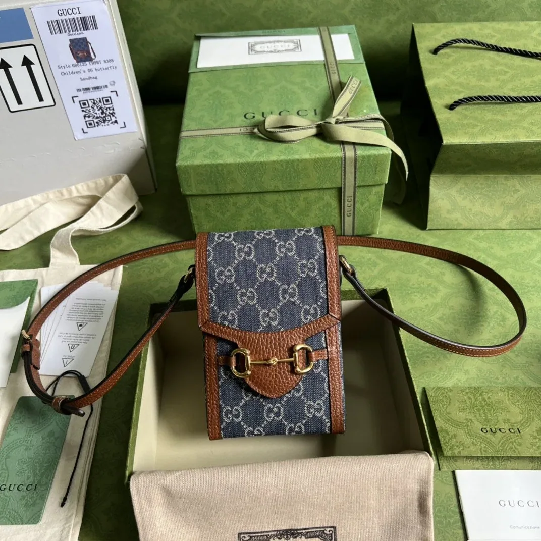 Gucci Horsebit 1955 Mini Bag Blue And Ivory GG Denim Jacquard /