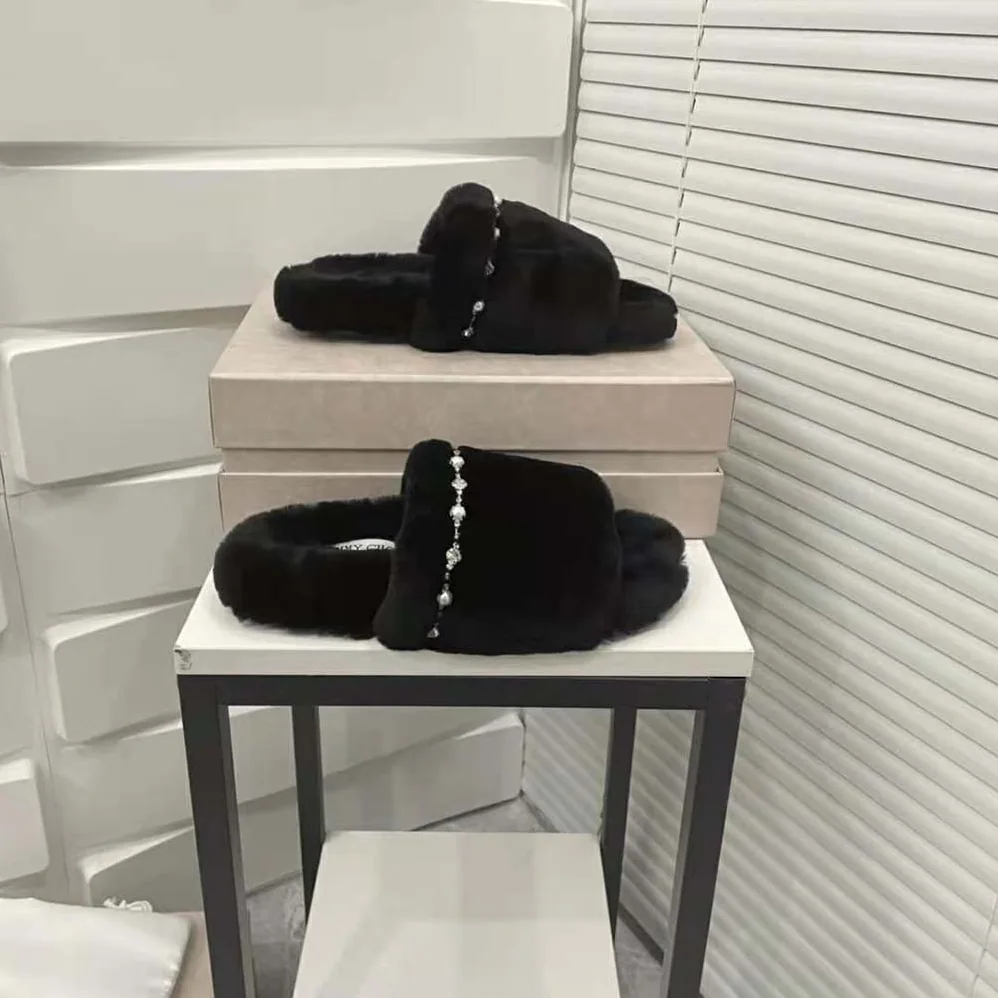 Jimmy Choo Acinda Slipper Black Shearling Slippers with Crystal and Pearl Detailing for Women