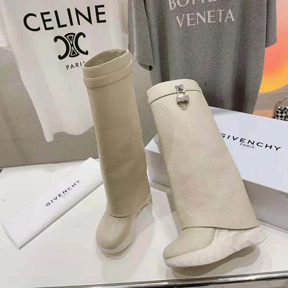 Givenchy Shark Lock Biker Boots in Grained Leather for Women in Beige