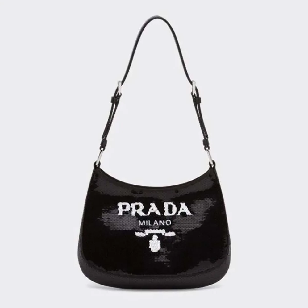 Prada Cleo Sequined Bag with Embroidered Lettering Logo on the Front for Women