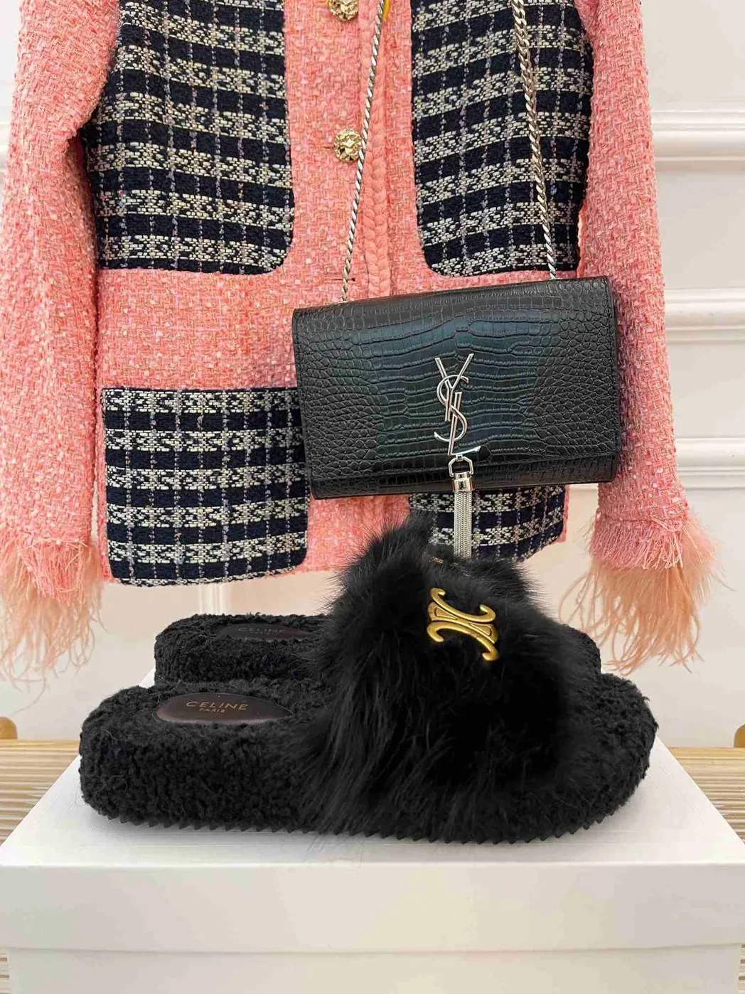 Celine Clea Triomphe Slide With Fur Black Celine Clea Triomphe Slide With Fur Black
