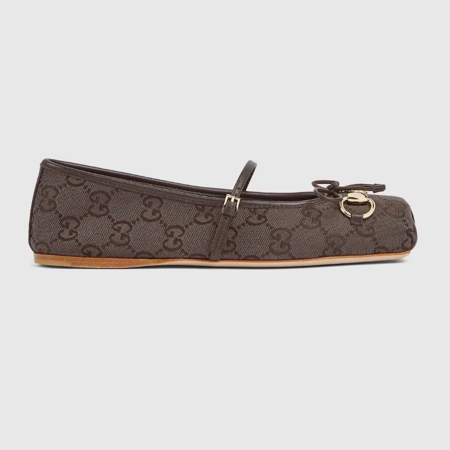Gucci Horsebit Ballet Flats Dark Brown Canvas