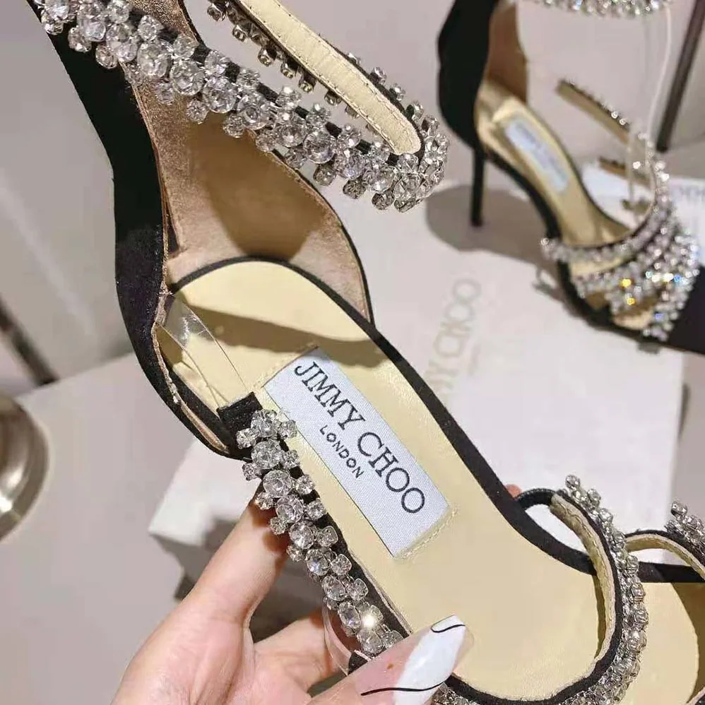 Jimmy Choo Josefine 100 Black Suede Sandals with Crystal Embellishment for Women Jimmy Choo Josefine 100 Black Suede Sandals with Crystal Embellishment for Women