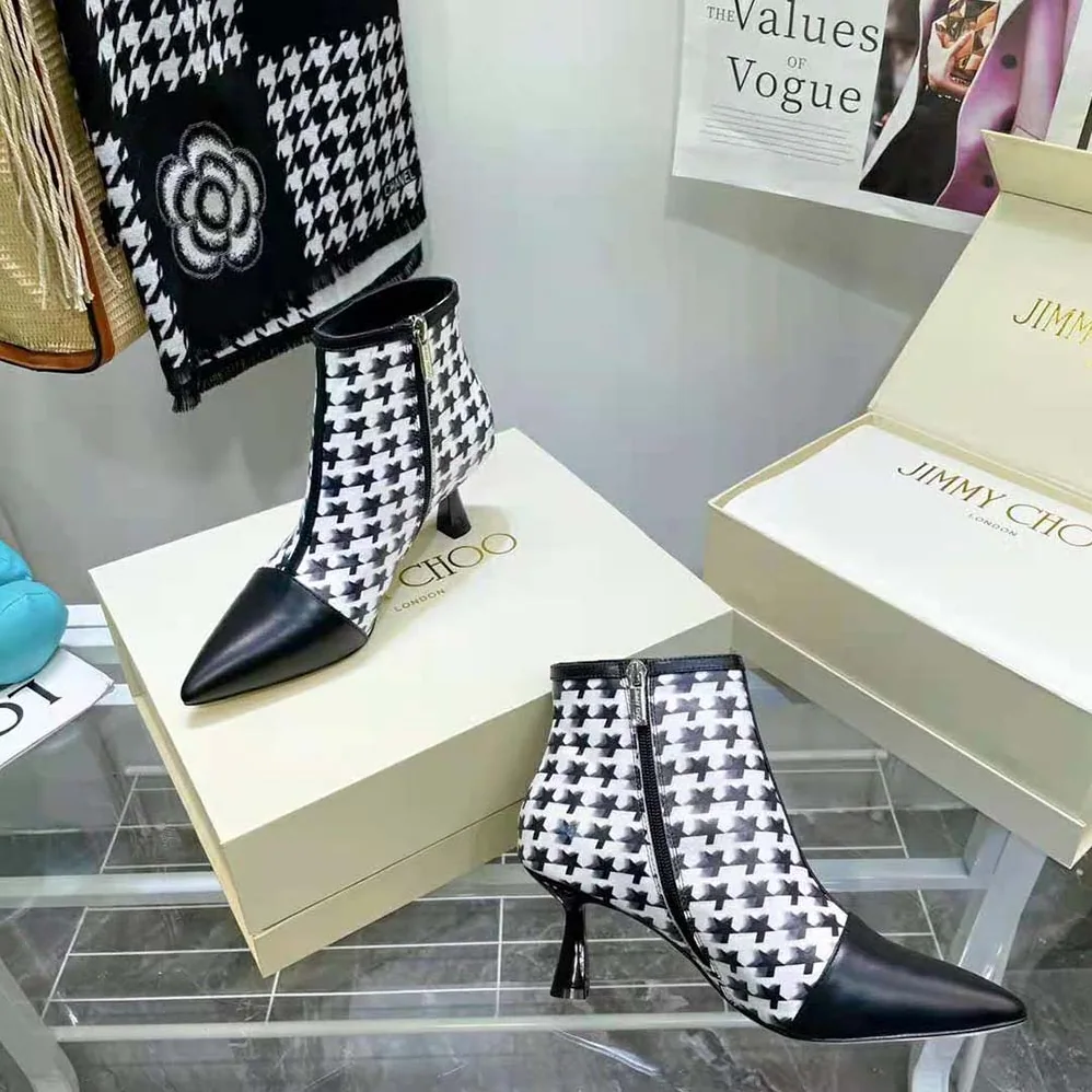 Jimmy Choo Kix/Z 65 Black Nappa and Latte and Black Star Houndstooth Printed Wool Ankle Boots for Women Jimmy Choo Kix/Z 65 Black Nappa and Latte and Black Star Houndstooth Printed Wool Ankle Boots for Women
