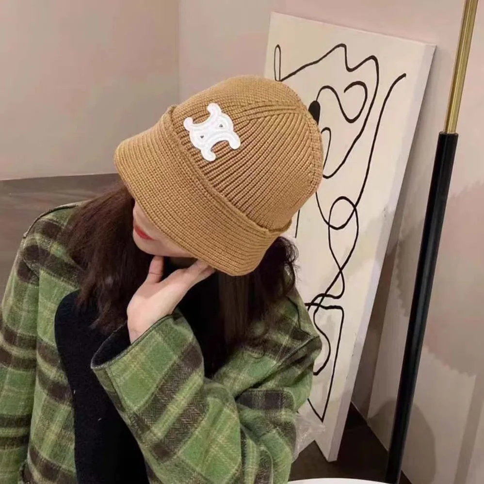 Celine Triomphe Embroidered Beanie in Seamless Cashmere for Women in Sandy