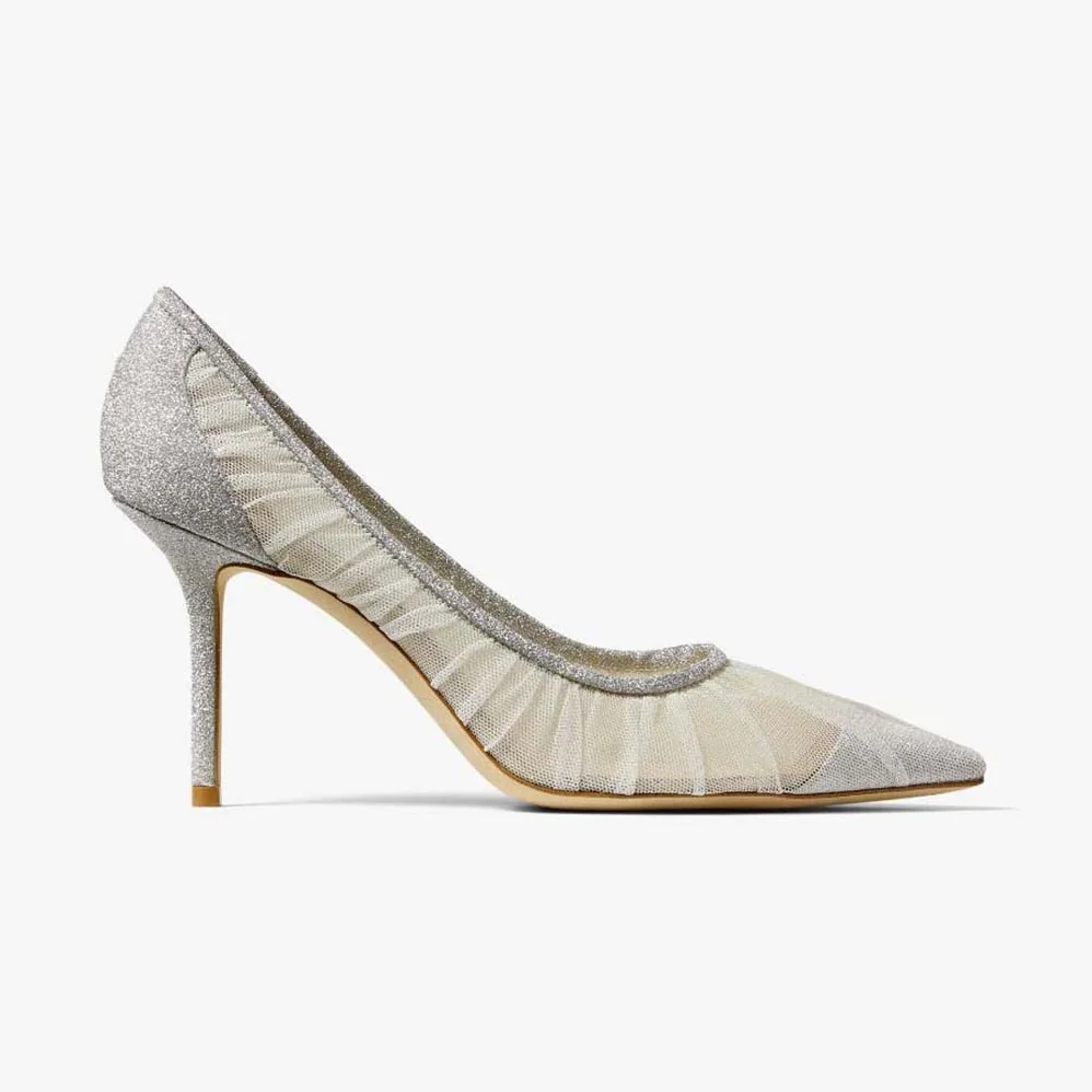 Jimmy Choo Love 85 Metallic Silver Glitter Fabric Pumps with Ivory Tulle Overlay for Women Jimmy Choo Love 85 Metallic Silver Glitter Fabric Pumps with Ivory Tulle Overlay for Women
