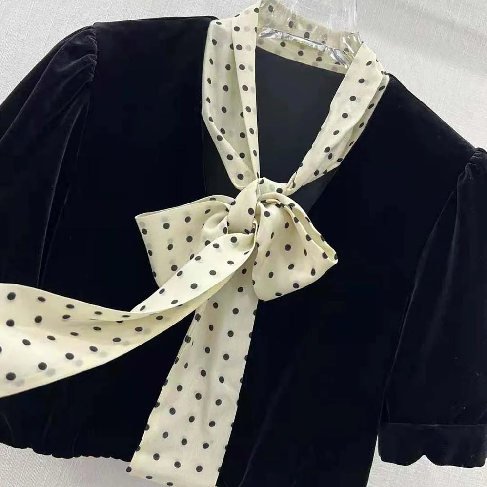 Miu Miu Scarf Collar Velvet Top for Women in Black Miu Miu Scarf Collar Velvet Top for Women in Black