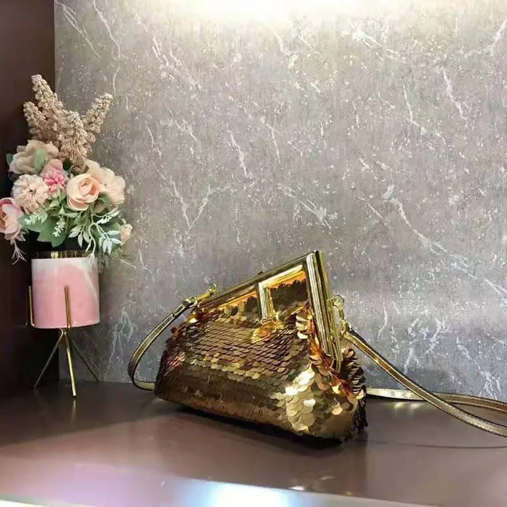 Fendi First Small Gold-colored Leather and Sequinned Bag for Women