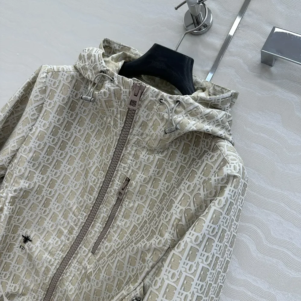 Dior Cropped Hooded Jacket Beige Technical Jacquard Taffeta with Dior Oblique Motif for Men