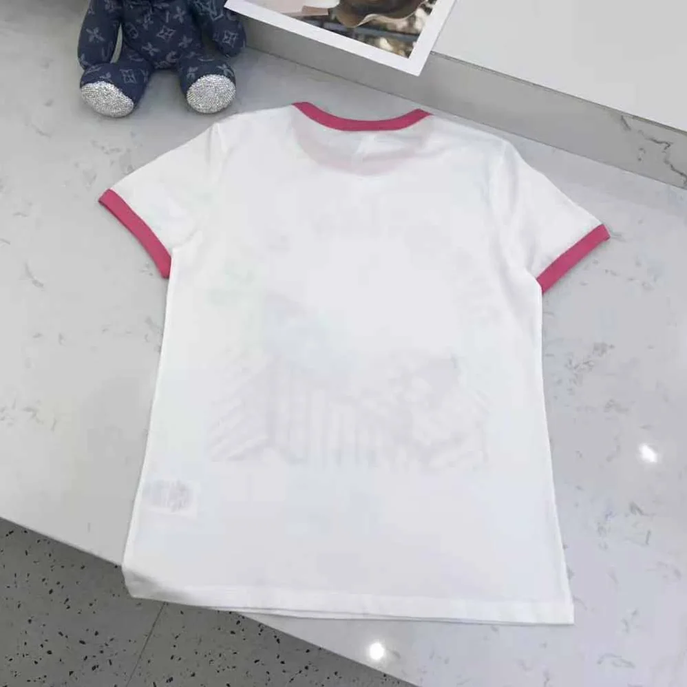 Dior T-shirt White Cotton Jersey with Fluorescent Pink D for Women in Jungle Pop Motif Dior T-shirt White Cotton Jersey with Fluorescent Pink D for Women in Jungle Pop Motif