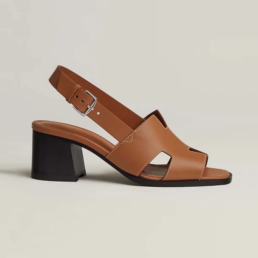 Hermes Elbe 60 Sandal in Calfskin with H Cut-Out Detail for Women in Brown Hermes Elbe 60 Sandal in Calfskin with H Cut-Out Detail for Women in Brown