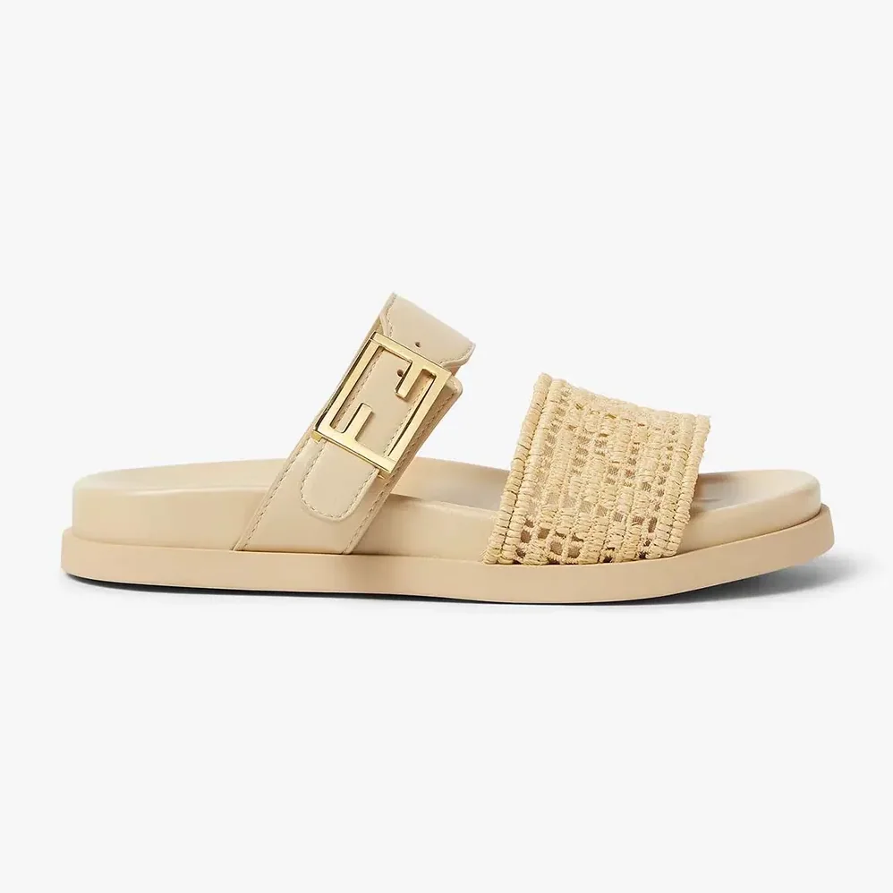 Fendi Feel Mesh Slides with Raffia FF Embroidery for Women