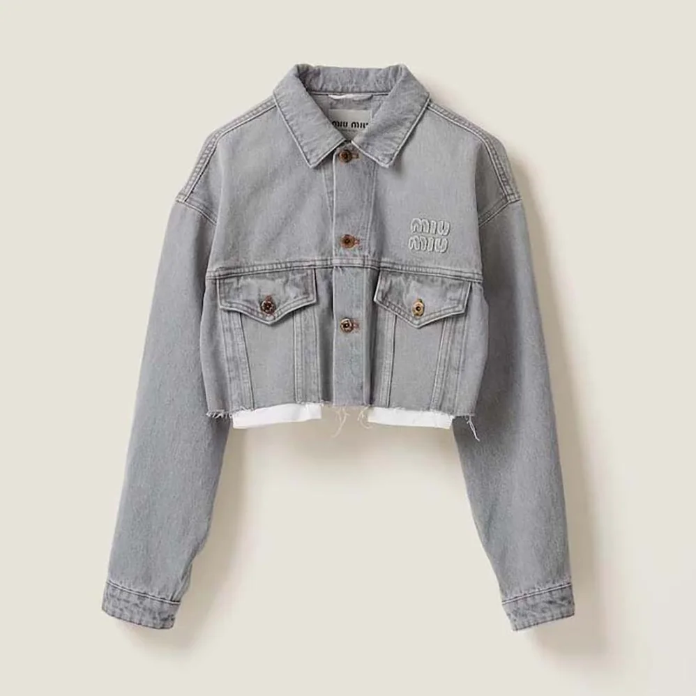 Miu Miu Denim Blouson Jacket with Embroidered Logo for Women