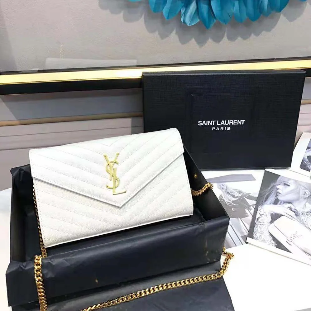Saint Laurent YSL Monogram Chain Wallet in Grain De Poudre Embossed Leather for Women in White