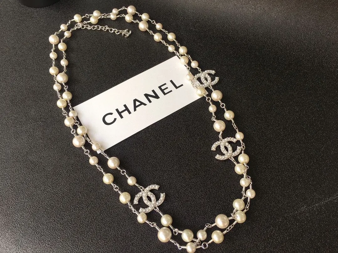Chanel Double-CC Pearl Long Necklace Silver Hardware Chanel Double-CC Pearl Long Necklace Silver Hardware