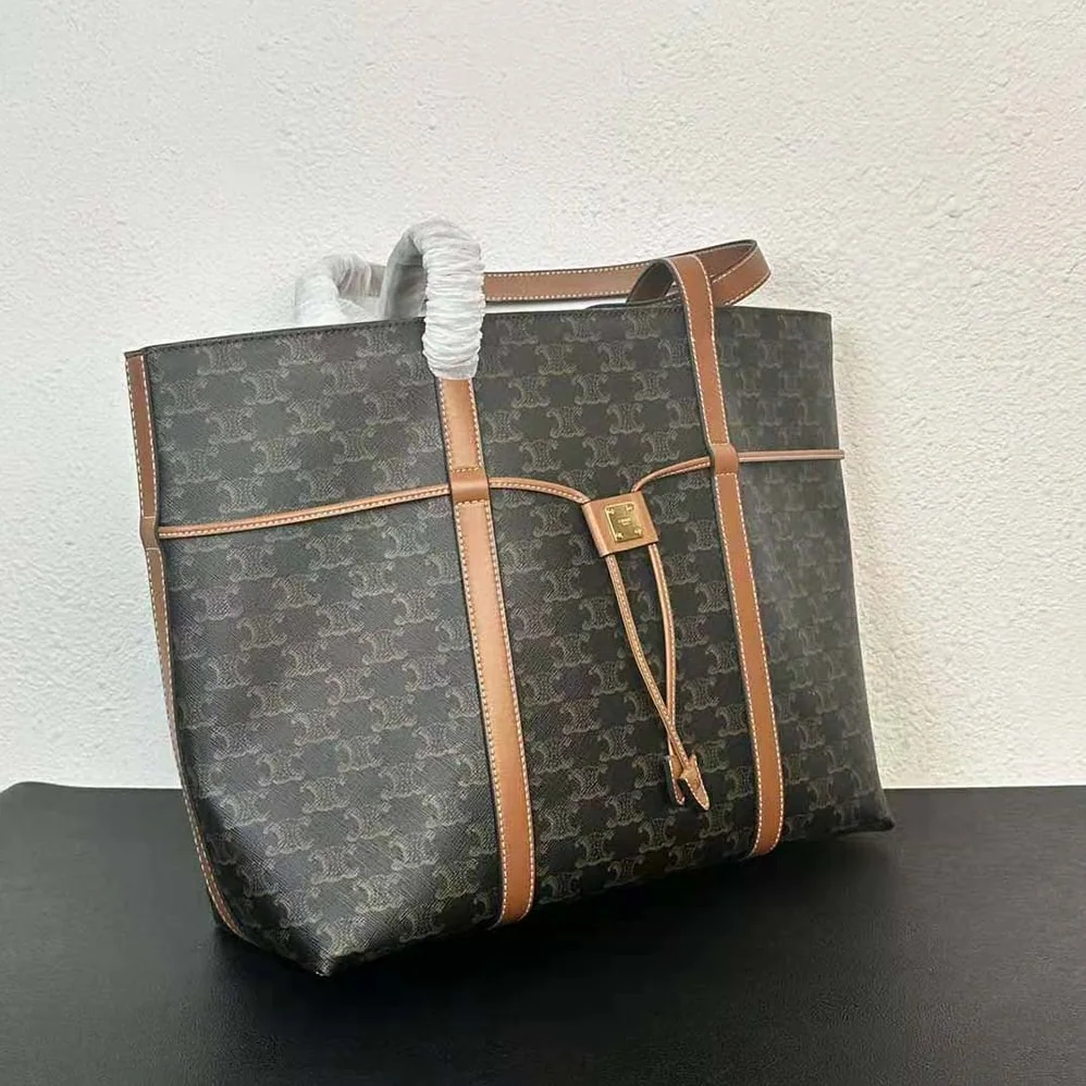 Celine Cabas Drawstring in Triomphe Canvas and Calfskin for Women in Brown