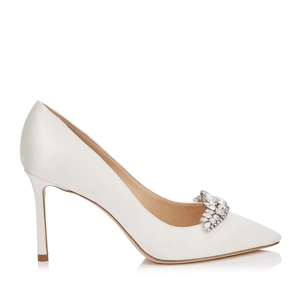 Jimmy Choo Shoes Romy 85 Lvory Satin Pointy Toe Pumps with Crystal Tiara for Women