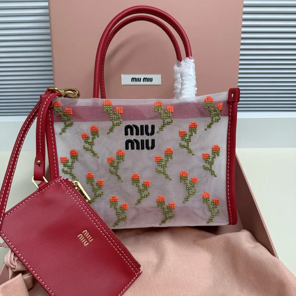 Miu Miu Embroidered Mesh Top-handle Bag for Women in Red Miu Miu Embroidered Mesh Top-handle Bag for Women in Red