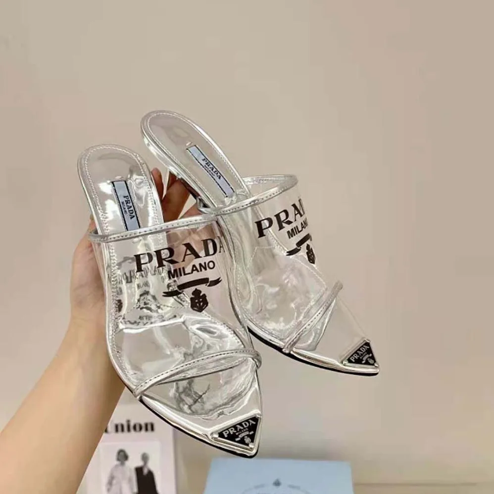 Prada Logo-print Plexiglas High-Heel Slides in 75mm Heel Height for Women Prada Logo-print Plexiglas High-Heel Slides in 75mm Heel Height for Women
