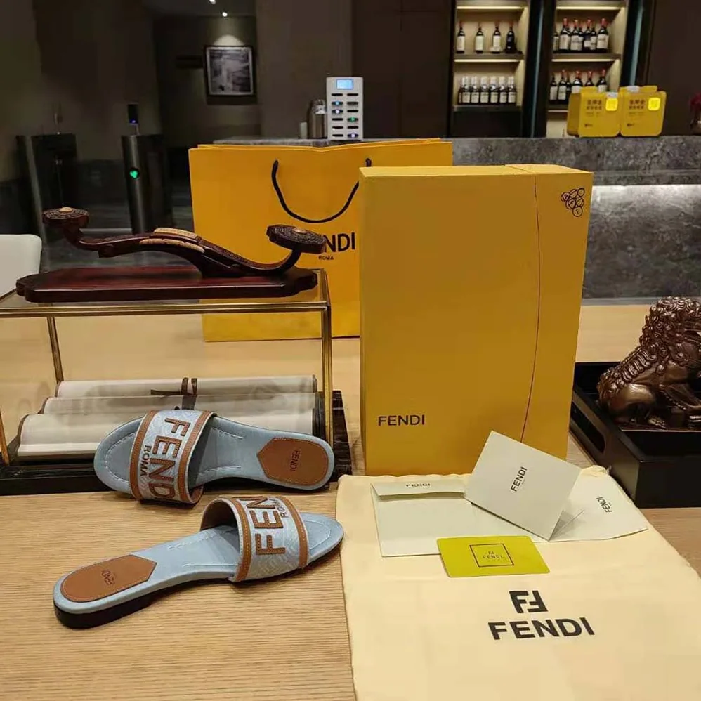 Fendi Signature Light Blue Denim Slides for Women
