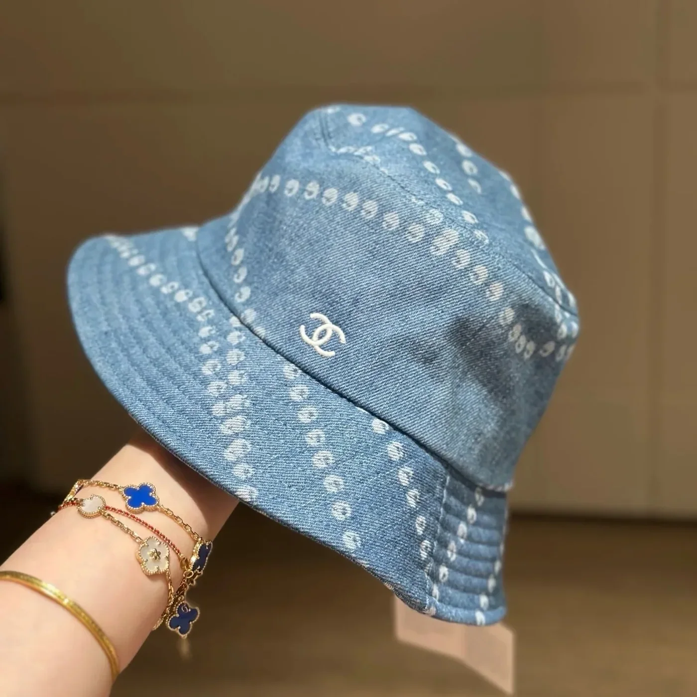 Chanel Pearl Print Bucket Hat Blue Denim Chanel Pearl Print Bucket Hat Blue Denim