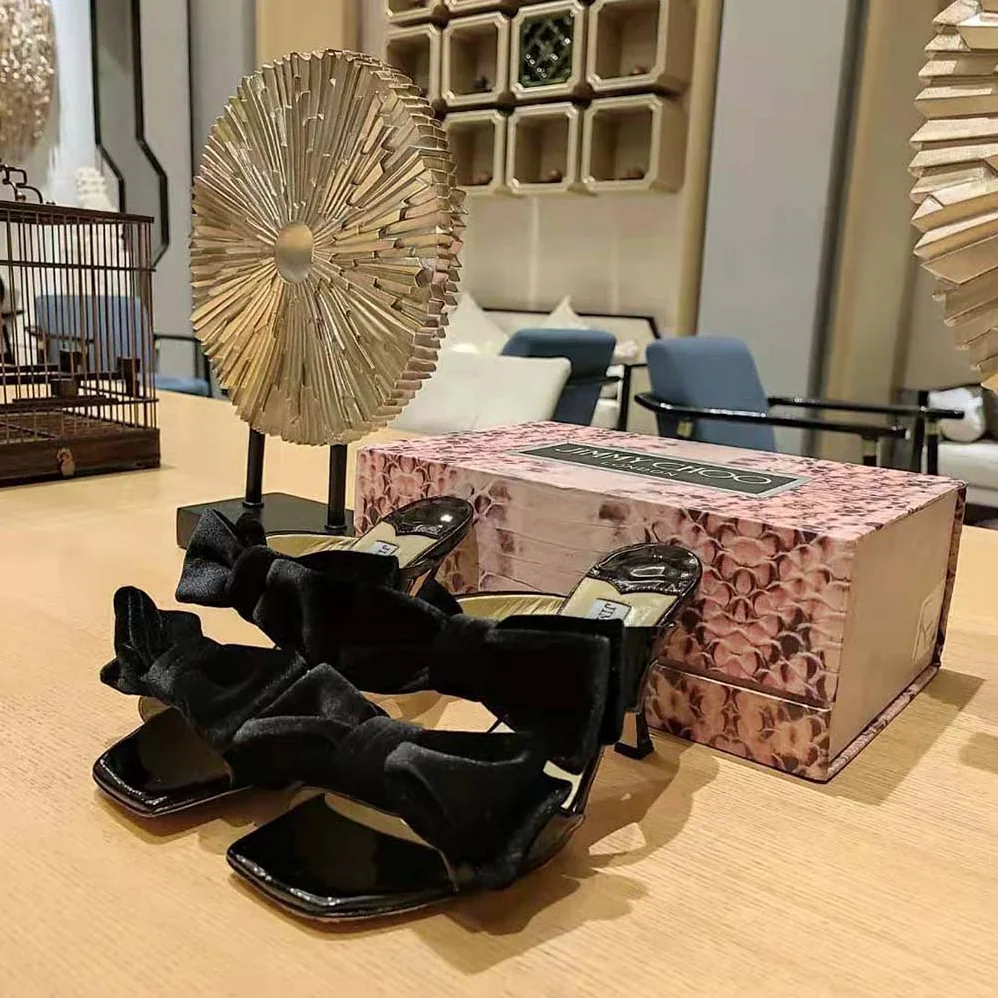 Jimmy Choo Flaca Sandal 100 Black Patent Sandal with Velvet Bow for Women Jimmy Choo Flaca Sandal 100 Black Patent Sandal with Velvet Bow for Women