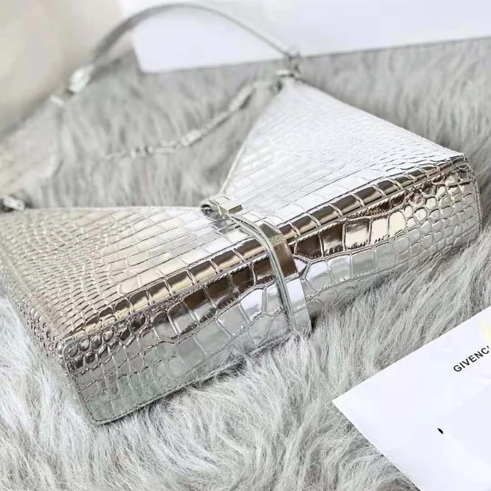 Givenchy Small Cut Out Bag in Crocodile Effect Leather with Chain for Women in Silver