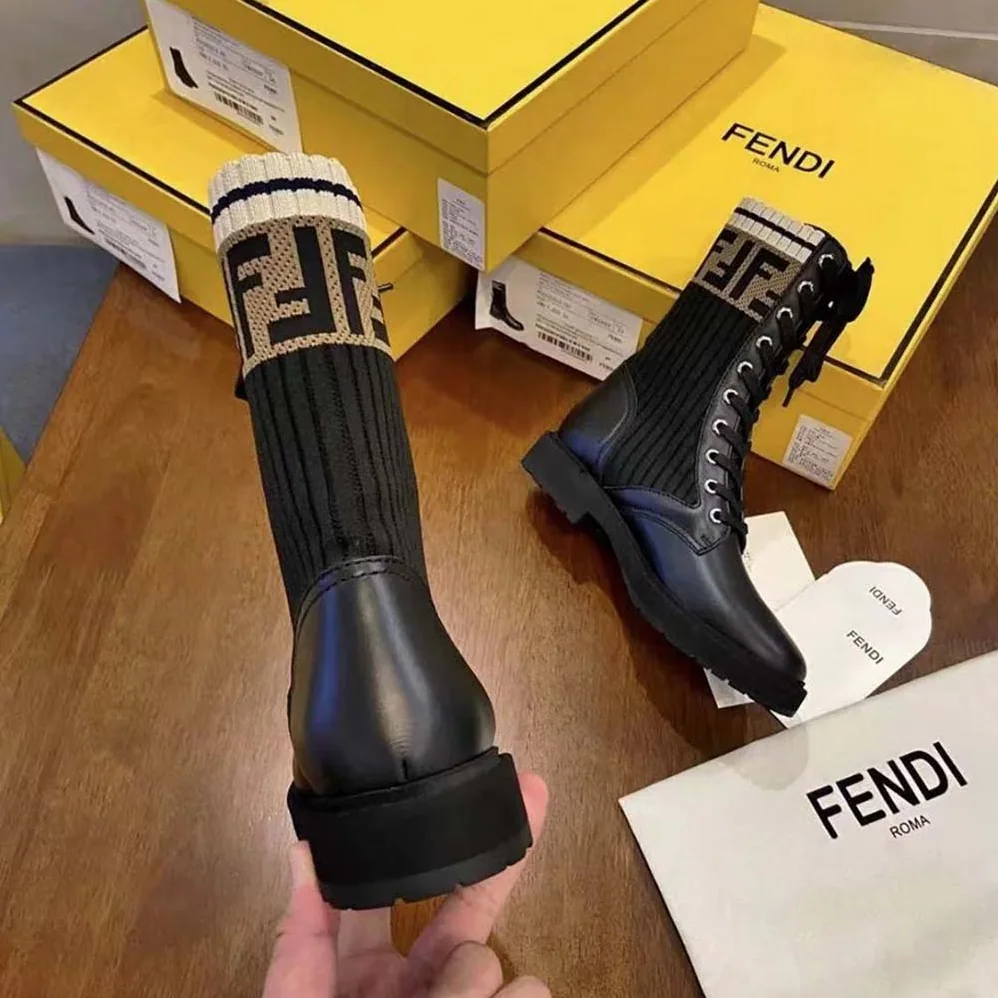 Fendi Rockoko Black Leather Biker Boots with Stretch Fabric for Women Fendi Rockoko Black Leather Biker Boots with Stretch Fabric for Women