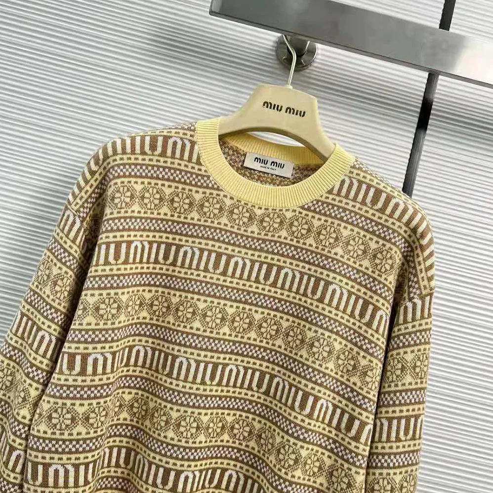 Miu Miu Wool Sweater with Jacquard Logo for Women in Yellow