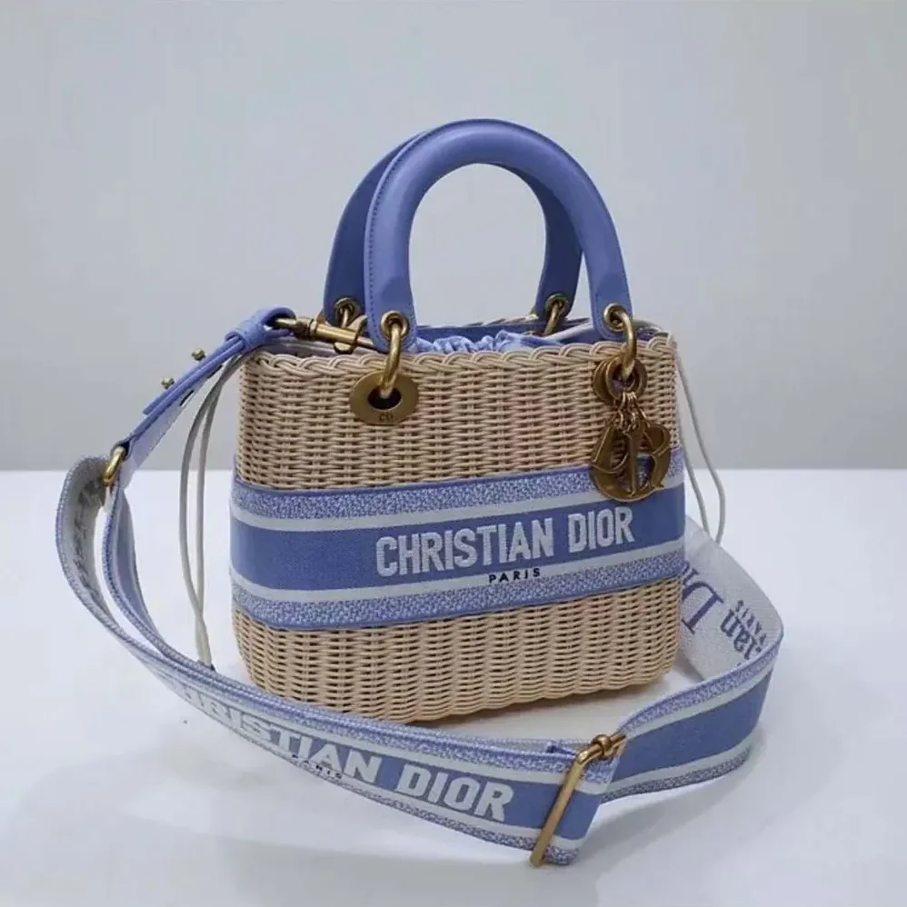 Dior Medium Lady Dior Bag Natural Wicker and Light Blue Dior Oblique Jacquard for Women