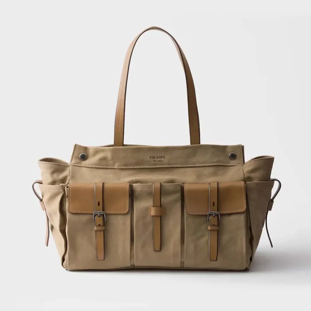 Prada Route Canvas and Leather Tote Bag for Women