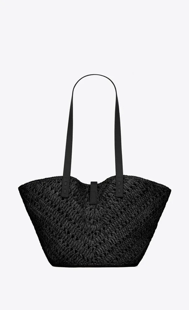 Saint Laurent Panier Small In Raffia And Vegetable-Tanned Black 15 Inches/
