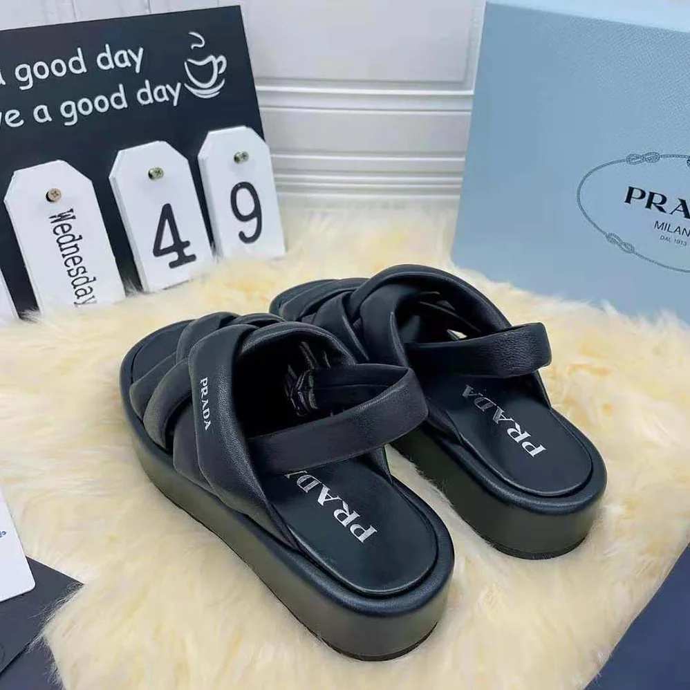 Prada Nappa Leather Flatform Sandals for Women in Black Prada Nappa Leather Flatform Sandals for Women in Black