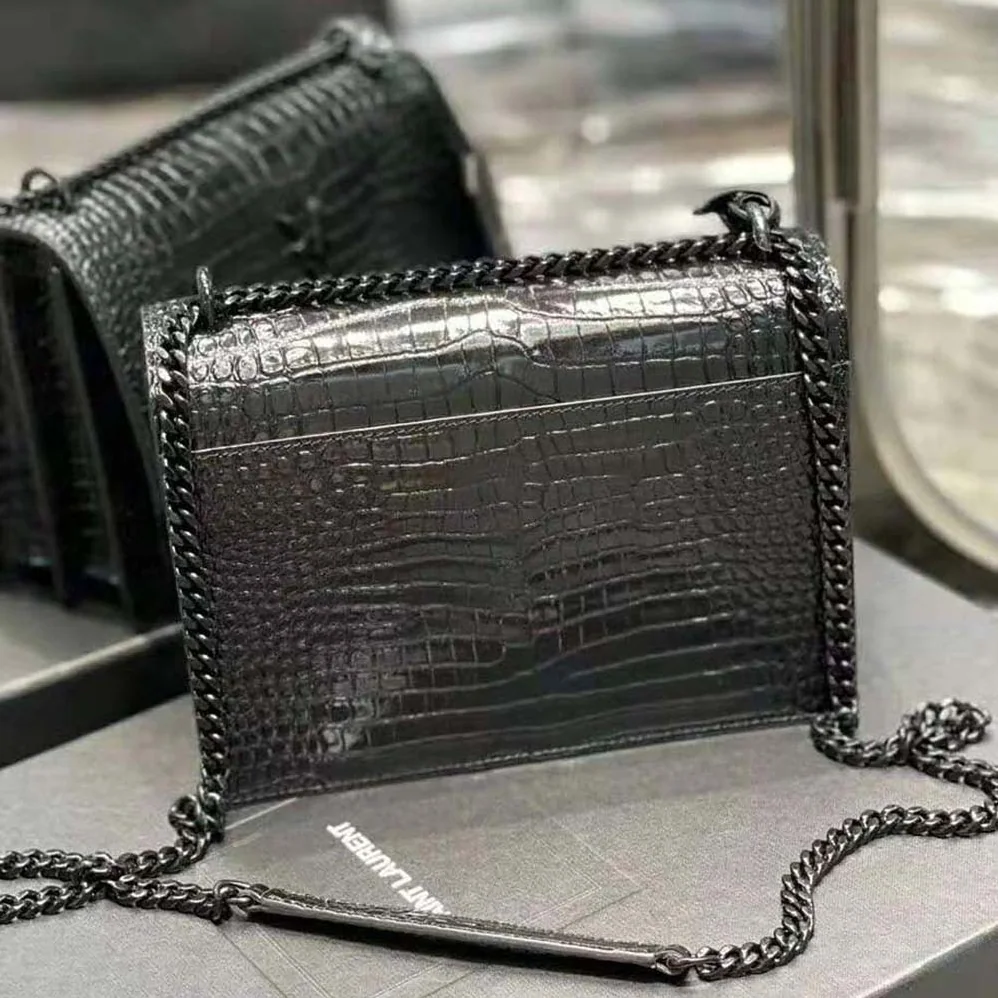 Saint Laurent YSL Sunset Medium in Crocodile Embossed Shiny Leather for Women in Black