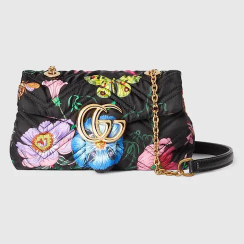 Gucci Marmont Mini Shoulder Bag / Black in Multicolor Flora Gold Hardware