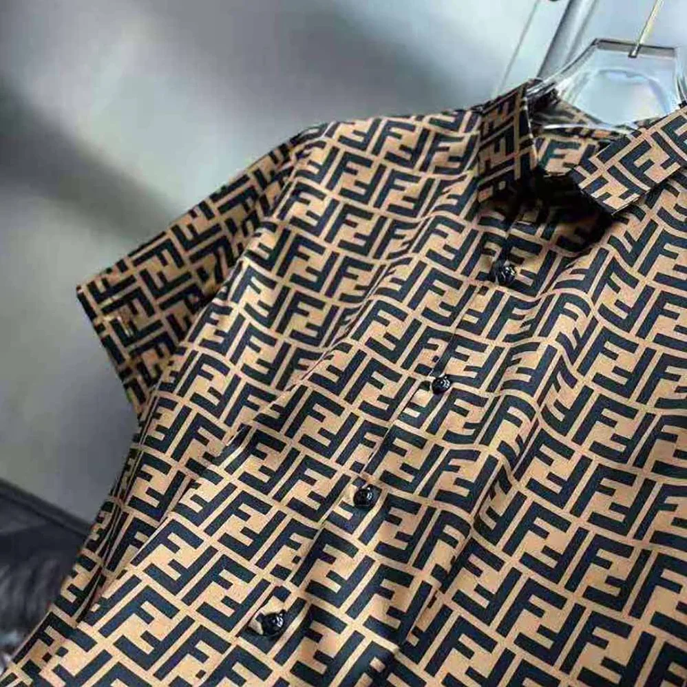 Fendi Brown Silk Shirt with FF Motif Printed All Over for Men Fendi Brown Silk Shirt with FF Motif Printed All Over for Men