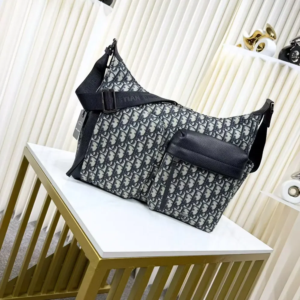 Dior Medium Rider Soft Hobo Bag Beige and Black Dior Oblique Jacquard with Black Grained Calfskin for Men