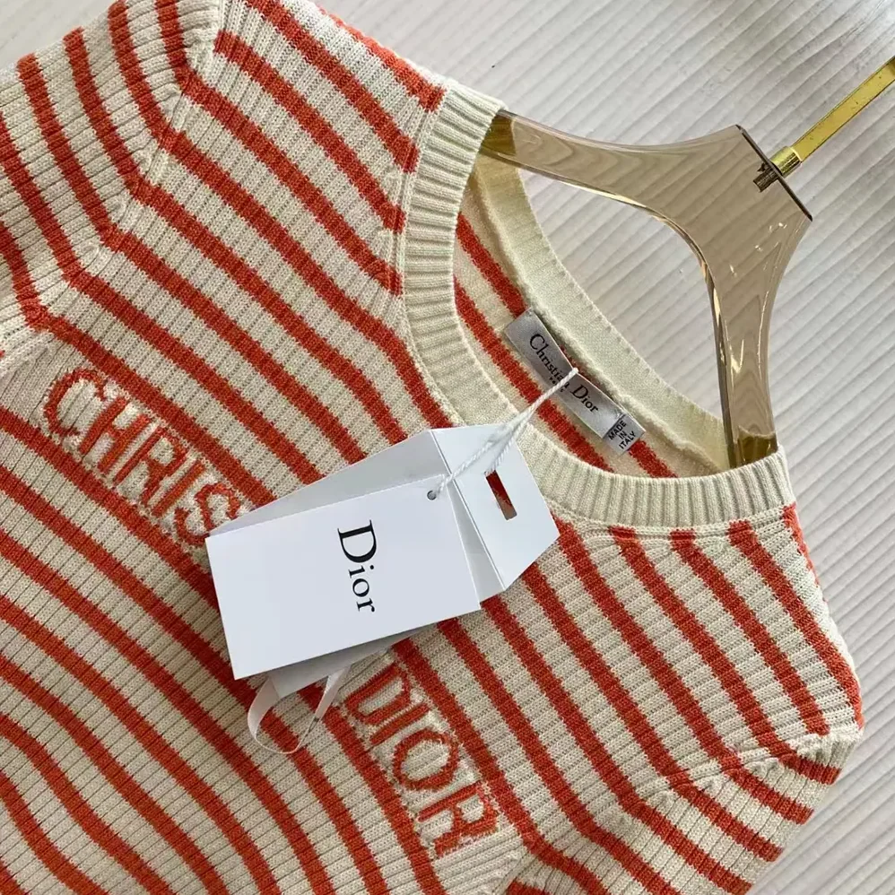 Dior Dioriviera Short-Sleeved Sweater White and Candy Pink Cotton Ribbed Knit for Women Dior Dioriviera Short-Sleeved Sweater White and Candy Pink Cotton Ribbed Knit for Women