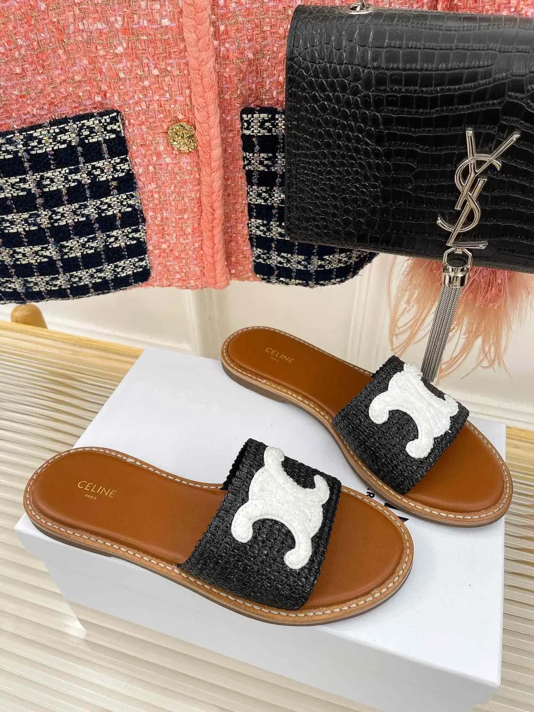 Celine Lympia Flat In Raffia Black