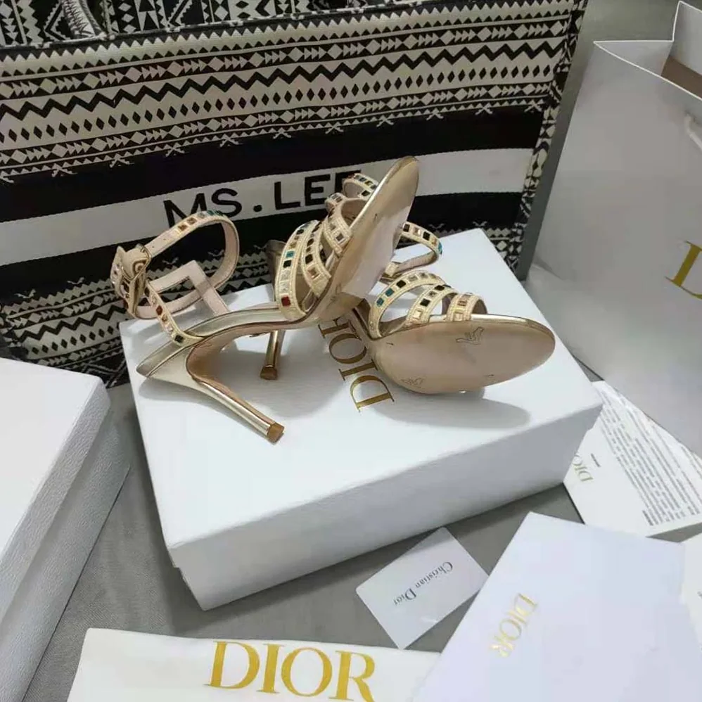 Dior Gem Heeled Sandal Gold for Women in Tone Cotton Embroidered Dior Gem Heeled Sandal Gold for Women in Tone Cotton Embroidered