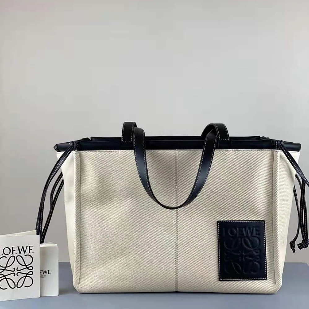 Loewe Cushion Tote Bag in Canvas and Calfskin for Women in Black