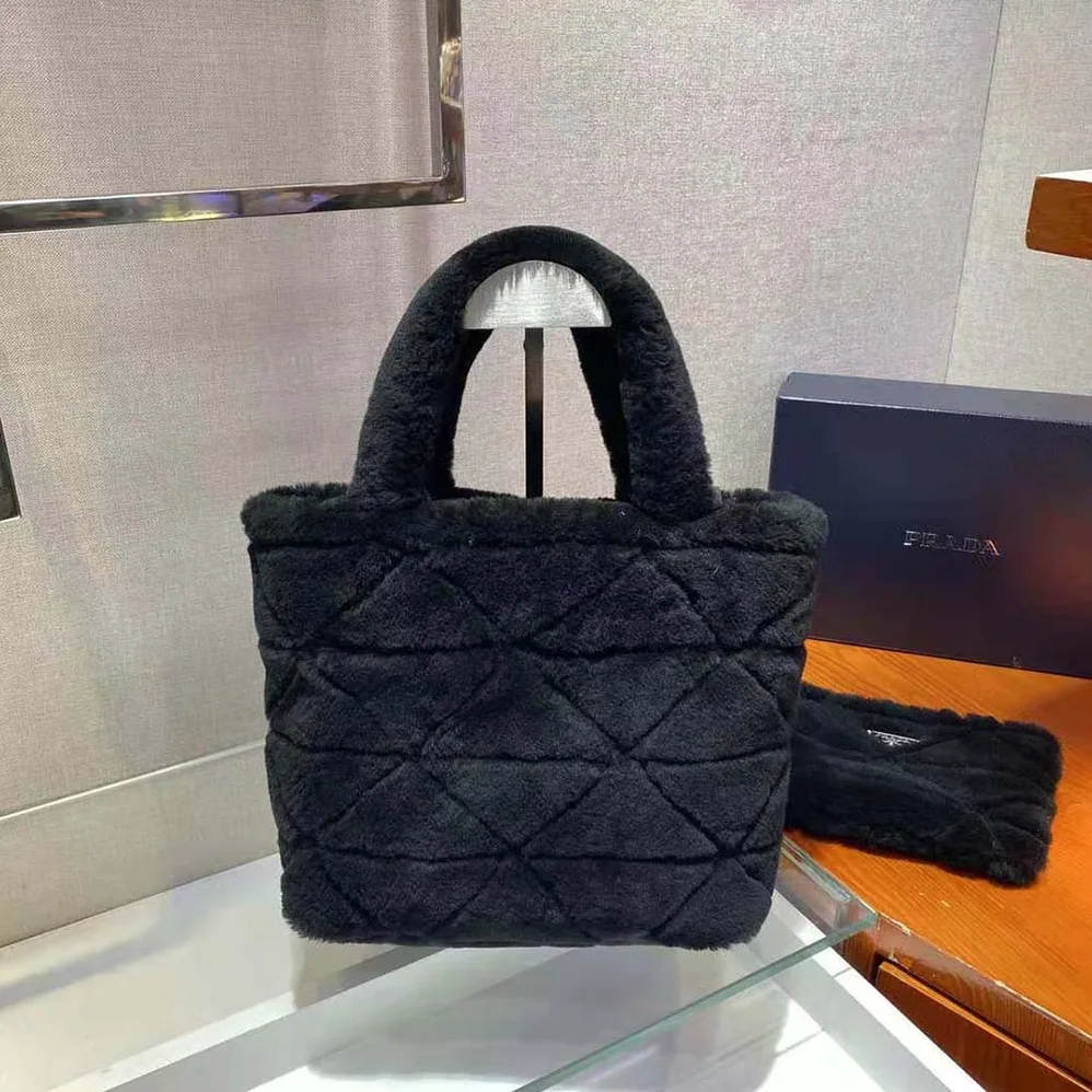Prada Iconic Triangle Logo Soft Shearling Tote for Women in Black Prada Iconic Triangle Logo Soft Shearling Tote for Women in Black