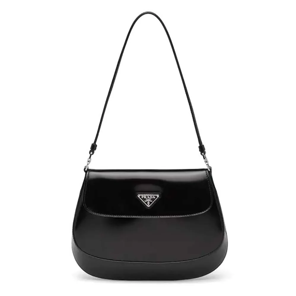 Prada Cleo Brushed Leather Dhoulder Bag with Flap for Women in Black Prada Cleo Brushed Leather Dhoulder Bag with Flap for Women in Black