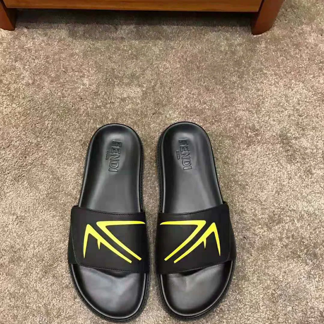 Fendi SLIDES Black Scuba and Leather Slides for Men