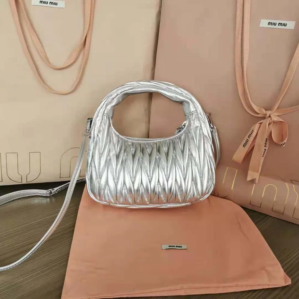 Miu Miu Wander Matelassé Nappa Leather Hobo Mini-Bag for Women in Silver