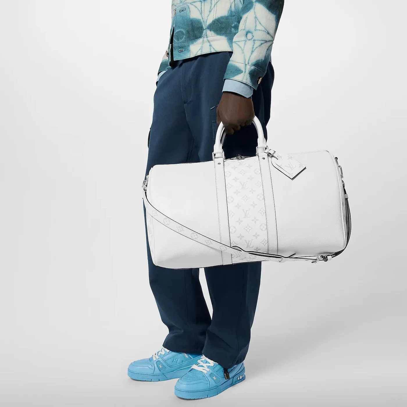 Louis Vuitton Keepall Bandouliere 50 Travel Bag in White Black Hardware Louis Vuitton Keepall Bandouliere 50 Travel Bag in White Black Hardware