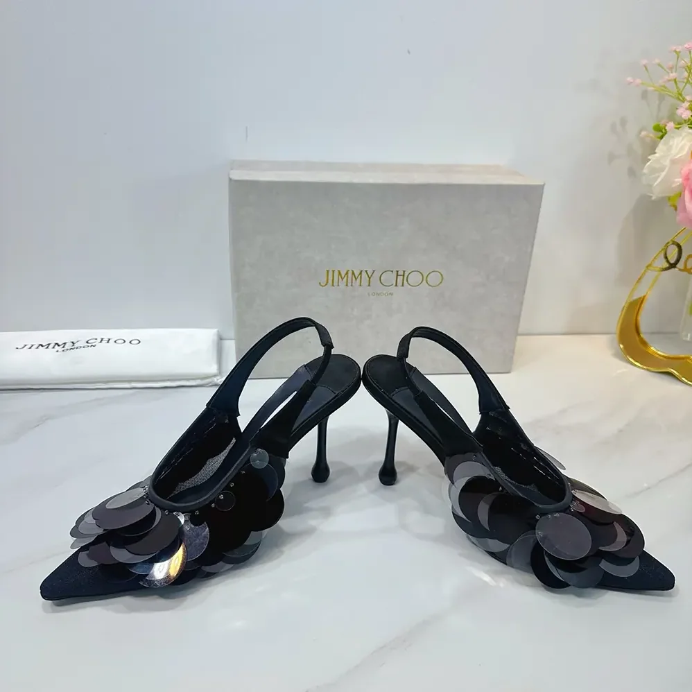 Jimmy Choo Isa 95 Black Mesh Paillette Pumps for Women