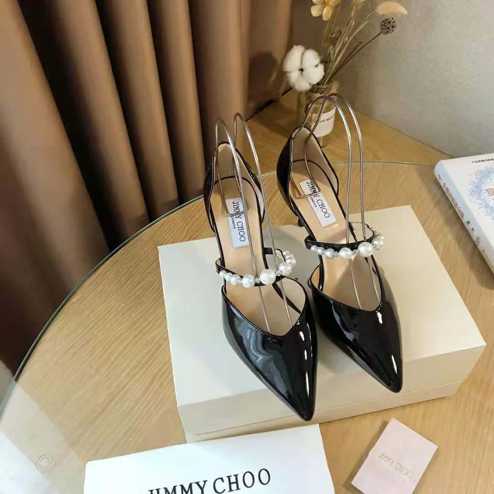 Jimmy Choo Aurelie 85 Black Patent Leather Pointed Pumps with Pearl Embellishment for Women Jimmy Choo Aurelie 85 Black Patent Leather Pointed Pumps with Pearl Embellishment for Women