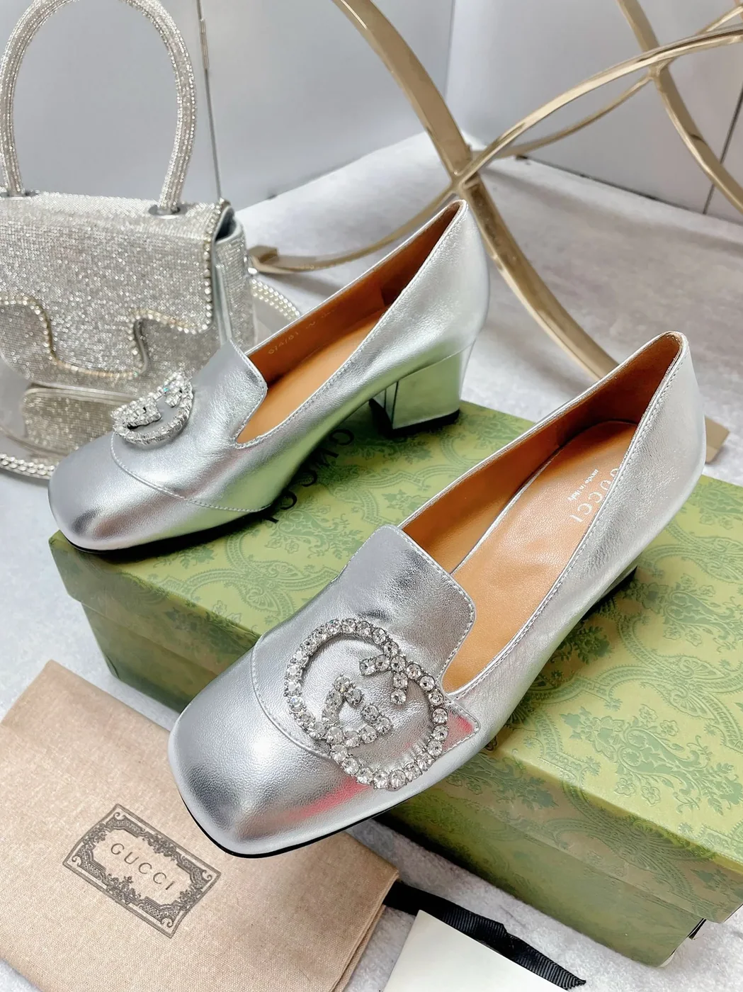 Gucci Mid-Heel Pump With GG Logo Silver for Women Gucci Mid-Heel Pump With GG Logo Silver for Women
