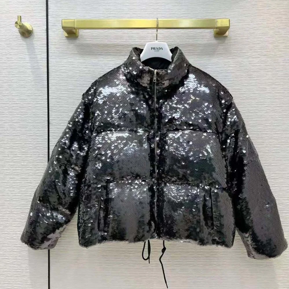 Prada Convertible Sequined Re-Nylon Down Jacket for Women in Black Prada Convertible Sequined Re-Nylon Down Jacket for Women in Black